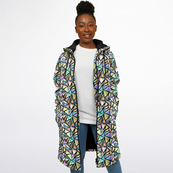 Geo Prism Cuddle Coat | Unisex Minky Sherpa Lined Coat with Hood, Zipper and Pockets | Women and Mens Festival Coat | Mountain Fashion
