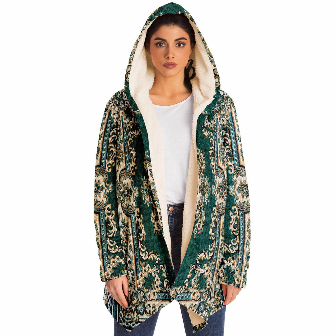 Emerald Green Persian Carpet Cuddle Cloak | Unisex Minky Sherpa Hooded Coat | Women and Mens Festival Coat | Mountain Fashion