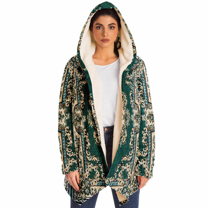 Emerald Green Persian Carpet Cuddle Cloak | Unisex Minky Sherpa Hooded Coat | Women and Mens Festival Coat | Mountain Fashion