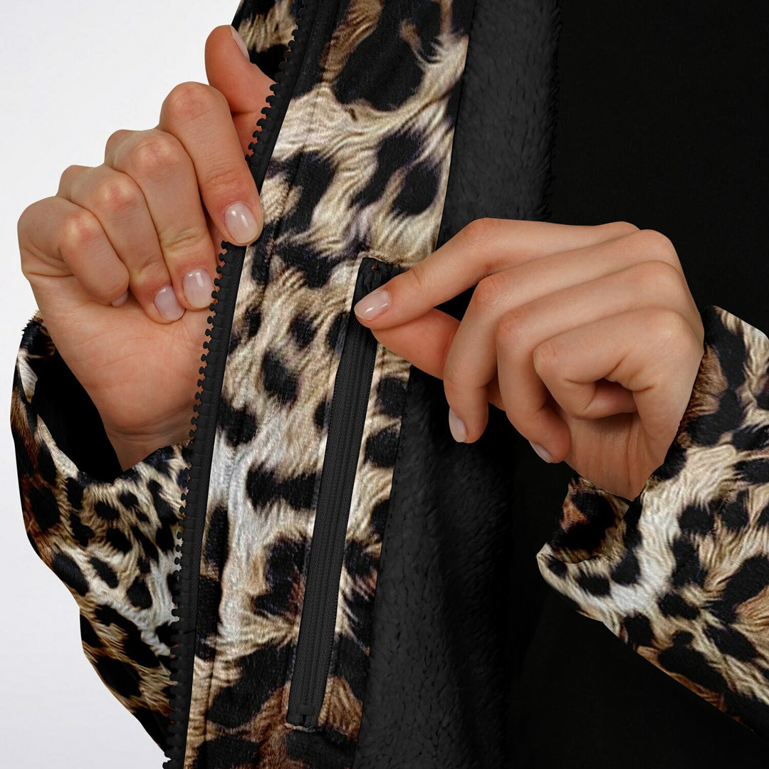 Leopard Print Cuddle Coat | Unisex Minky Sherpa Lined Coat with Hood, Zipper and Pockets | Women and Mens Festival Coat | Mountain Fashion