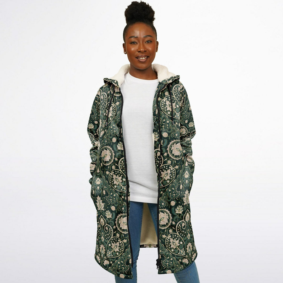 Green Persian Carpet Cuddle Coat | Unisex Minky Sherpa Lined Coat with Hood, Zipper and Pockets | Women and Mens Festival Coat | Mountain Fashion