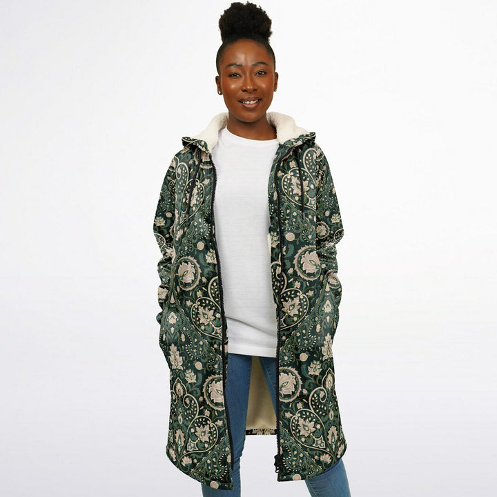 Green Persian Carpet Cuddle Coat | Unisex Minky Sherpa Lined Coat with Hood, Zipper and Pockets | Women and Mens Festival Coat | Mountain Fashion