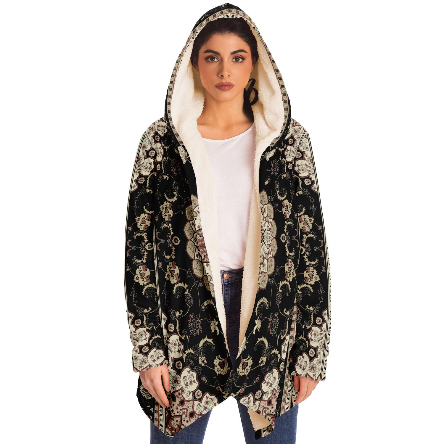 Classic Black Persian Carpet Cuddle Cloak | Unisex Minky Sherpa Lined Hooded Coat