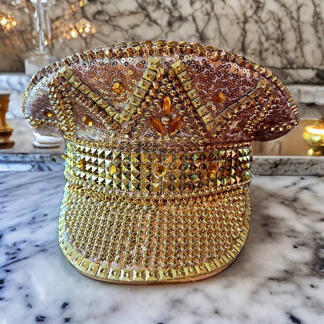 Gold Rhinestone Hat / Sequin Hat / Party Captain Hat / Festival Hat / EDC Hat, Rave Hat / Birthday Hat / Custom Phrase Hat