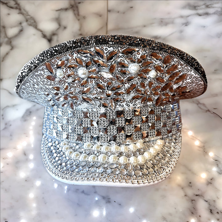 Silver Rhinestone Hat / Sequin Hat / Party Captain Hat / Festival Hat, Burning Man Hat, EDC Hat, Rave Hat / Birthday Hat / Custom Phrase Hat