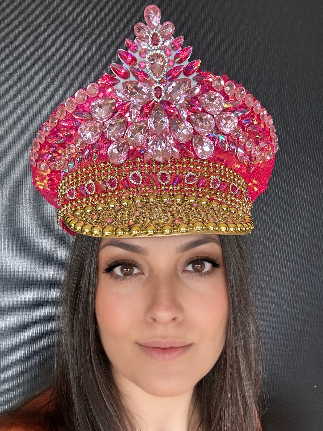 Pink Gold Rhinestone Hat / Valentines Day Jazz Fest Hat, Party Captain Hat, Sequin Festival Hat, Rave Hat, Birthday Hat, Custom Phrase Hat