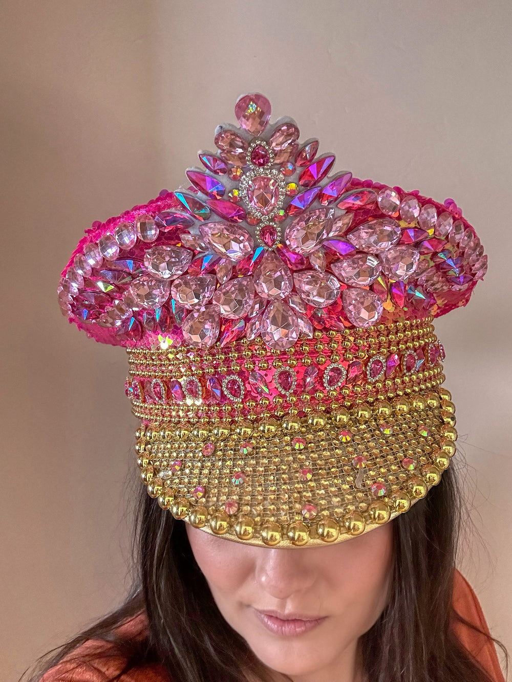 Pink Gold Rhinestone Hat / Valentines Day Jazz Fest Hat, Party Captain Hat, Sequin Festival Hat, Rave Hat, Birthday Hat, Custom Phrase Hat