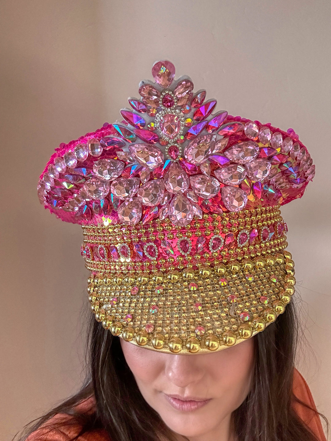 Pink Gold Rhinestone Hat / Valentines Day Jazz Fest Hat, Party Captain Hat, Sequin Festival Hat, Rave Hat, Birthday Hat, Custom Phrase Hat