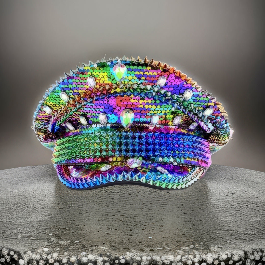 Rainbow Sequin Rhinestone Hat, Jazz Fest Hat, Party Captain Hat, Sequin Festival Hat, Rave Hat, Birthday Hat, Pride Hat, Custom Phrase Hat