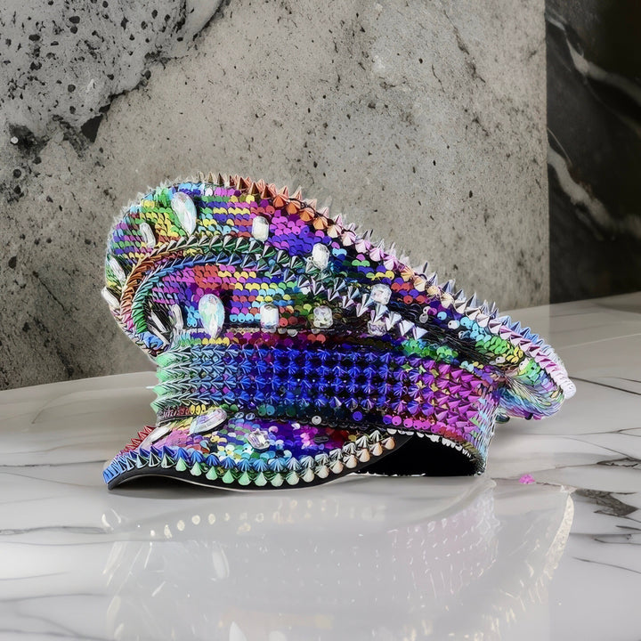 Rainbow Sequin Rhinestone Hat, Jazz Fest Hat, Party Captain Hat, Sequin Festival Hat, Rave Hat, Birthday Hat, Pride Hat, Custom Phrase Hat