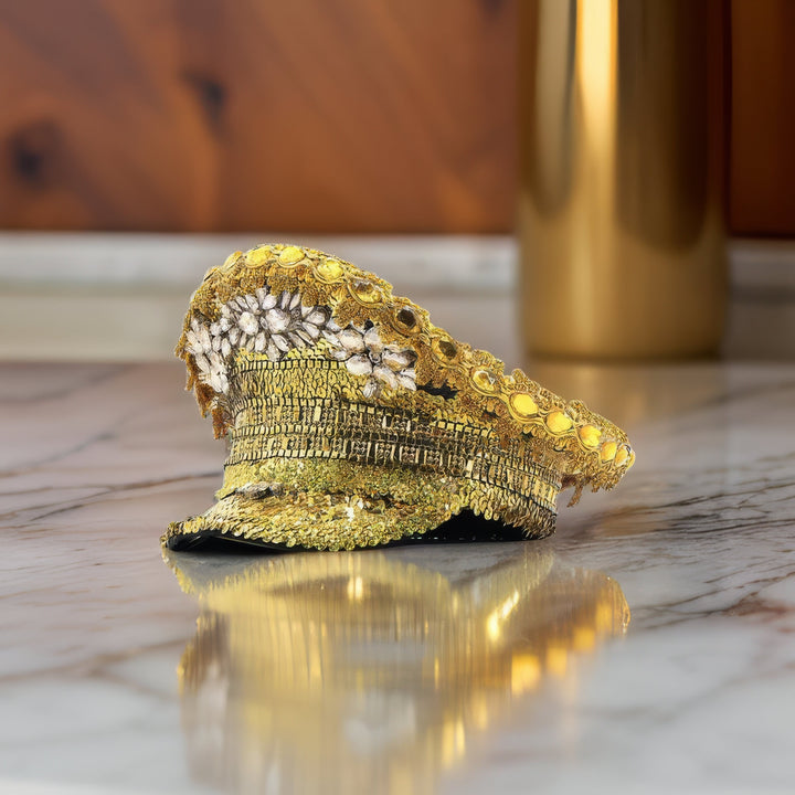 Personalized Fancy Gold Rhinestone Hat / Sequin Hat, Party Captain Hat, Festival Hat /Party Hat, Rave Hat / Birthday Hat / Custom Phrase Hat