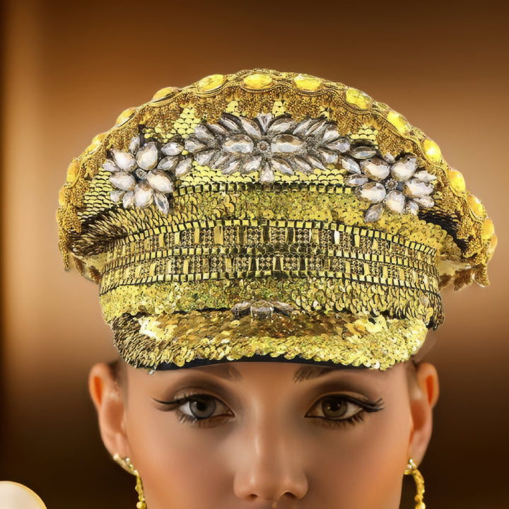 Personalized Fancy Gold Rhinestone Hat / Sequin Hat, Party Captain Hat, Festival Hat /Party Hat, Rave Hat / Birthday Hat / Custom Phrase Hat
