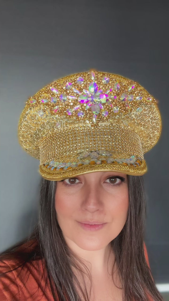 Rainbow Gold Rhinestone Hat / Sequin Hat / Party Captain Hat / Festival Hat / Burning Man Hat / EDC Hat, Rave Hat / Birthday Hat, Custom Hat