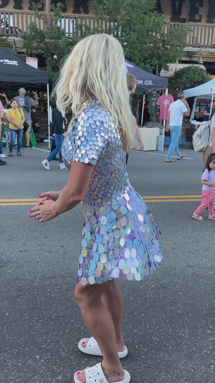 metallic lilac mini dress with seashell paillettes