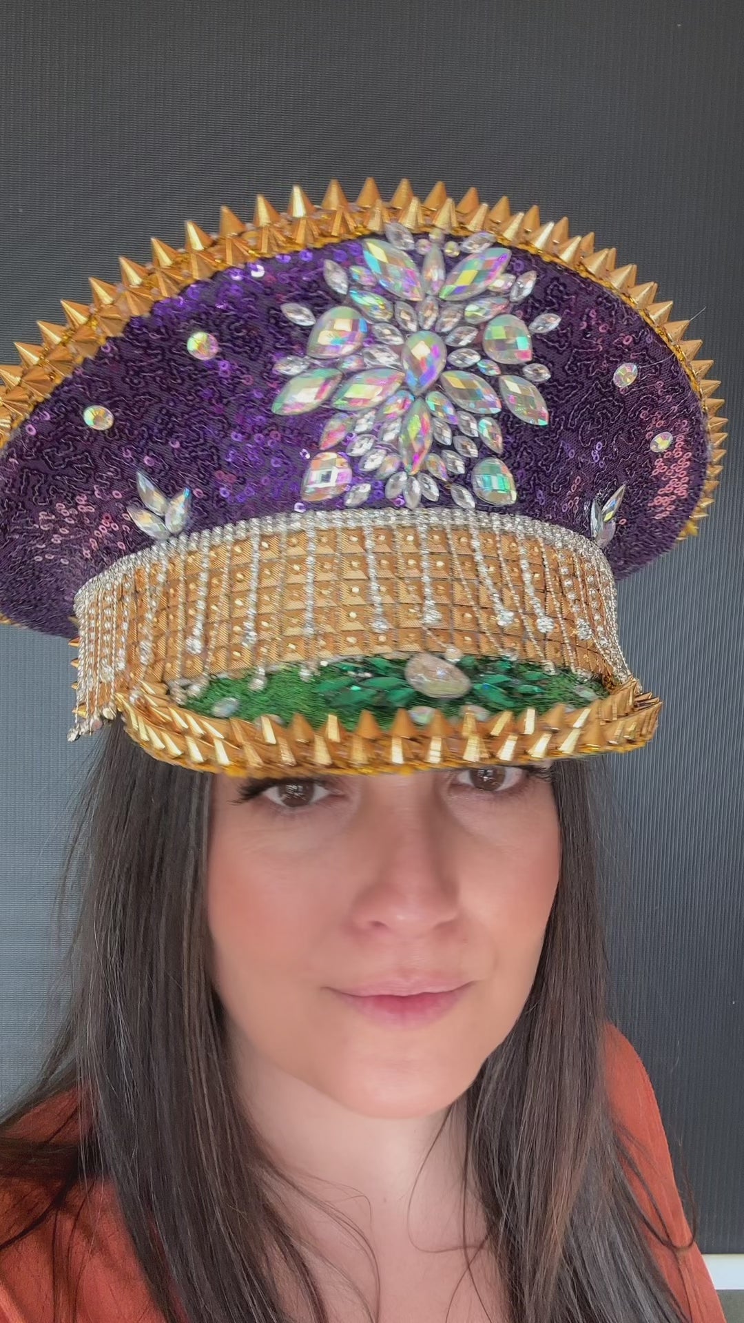 Purple and Gold Mardi Gras Rhinestone Hat / Jazz Fest Hat, Party Captain Hat, Sequin Festival Hat, Rave Hat, Birthday Hat, Custom Phrase Hat