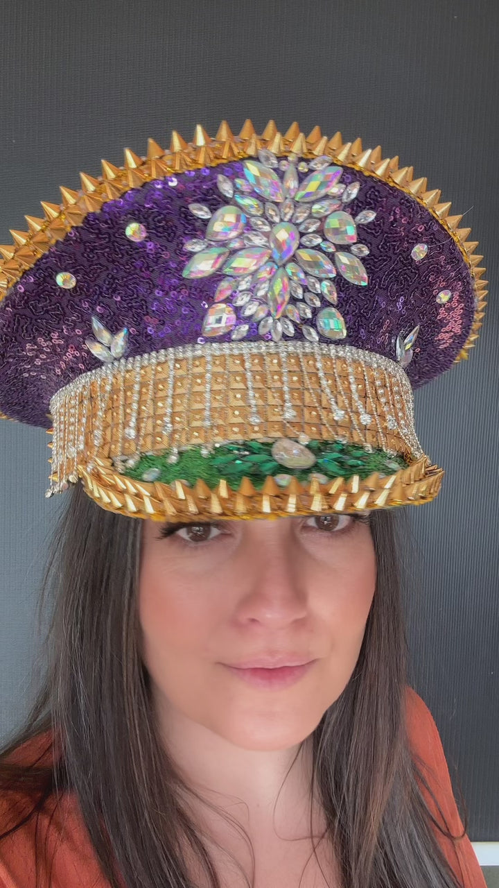 Purple and Gold Mardi Gras Rhinestone Hat / Jazz Fest Hat, Party Captain Hat, Sequin Festival Hat, Rave Hat, Birthday Hat, Custom Phrase Hat