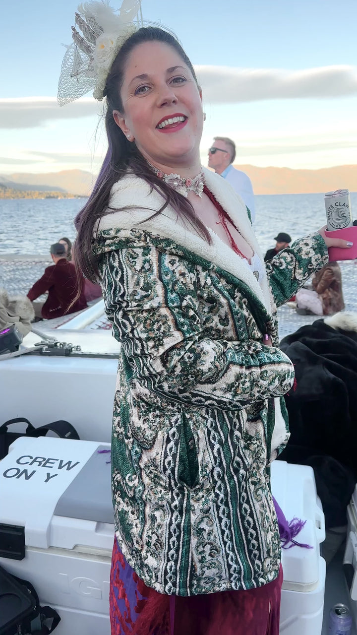 Emerald Green Persian Carpet Cuddle Cloak | Unisex Minky Sherpa Hooded Coat | Women and Mens Festival Coat | Mountain Fashion