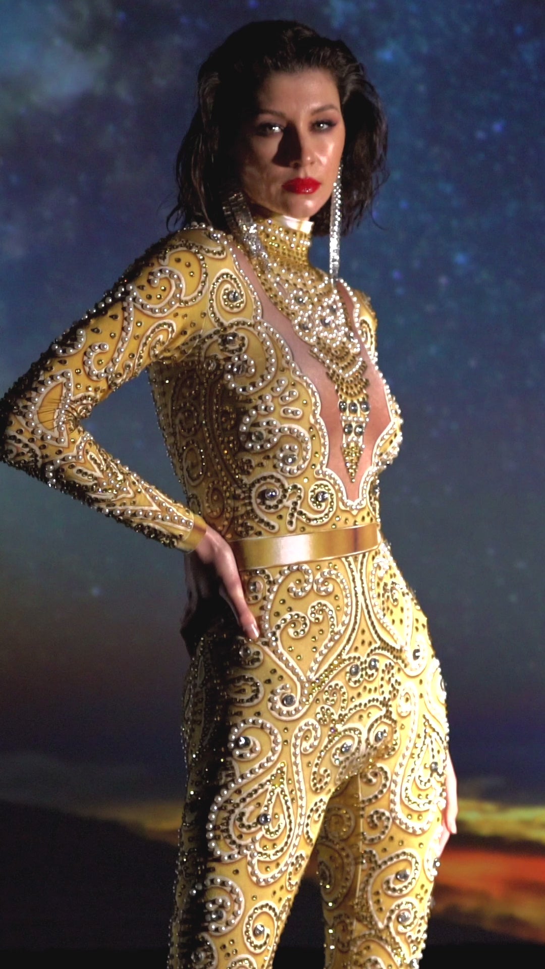 Luxury gold pearl bodysuit – Venus Festival Outfit”