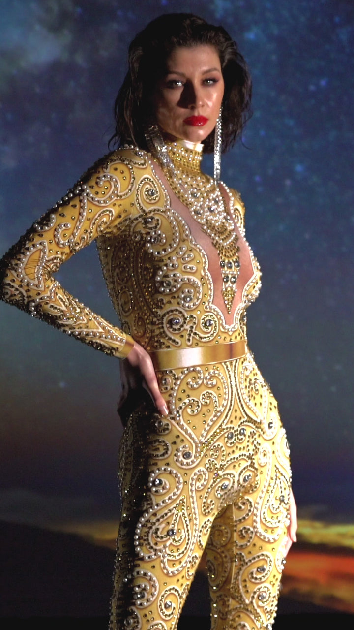 Luxury gold pearl bodysuit – Venus Festival Outfit”