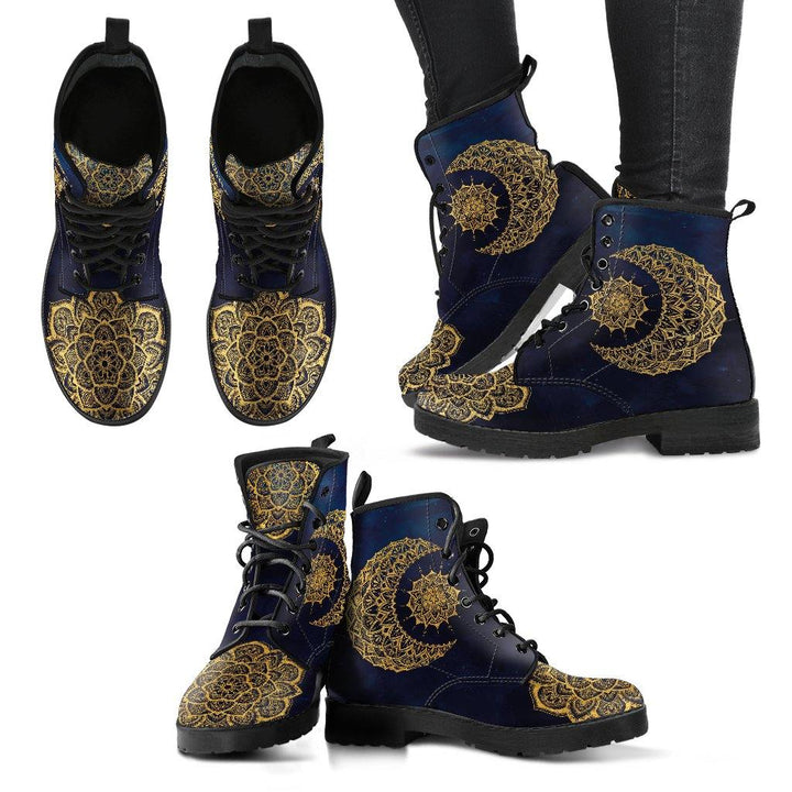 Gold Sun and Moon on Blue Vegan Leather Boots - Manifestie