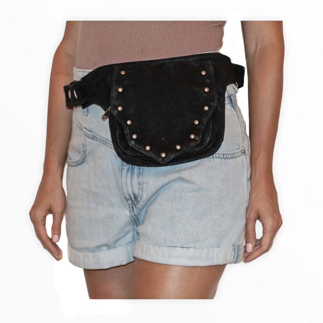 Leather Utility Belt | Black Suede, 2 Pocket | Studded - Manifestie
