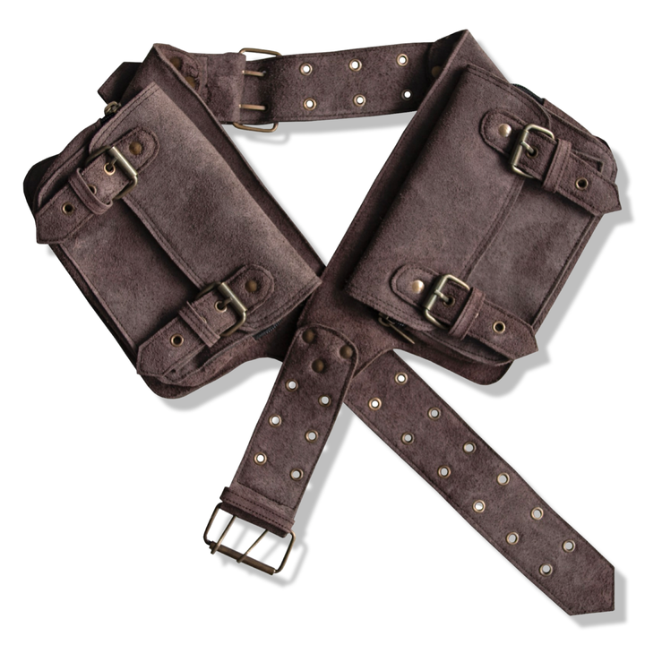 Leather Utility Pocket Belt | Suede Adjustable, 4 Pocket | Saddle | travel, cosplay, festival