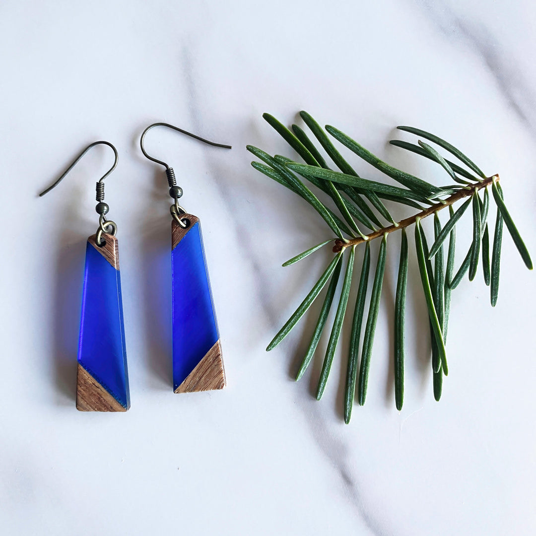 Geometric Wood + Resin Earrings | Sea Glass Colored | Long Tapered Dangle Earrings