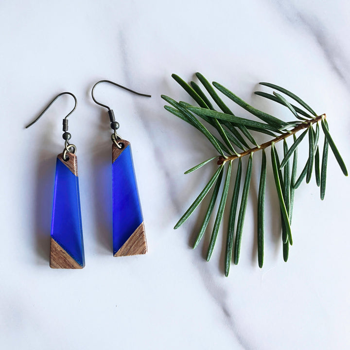 Geometric Wood + Resin Earrings | Sea Glass Colored | Long Tapered Dangle Earrings