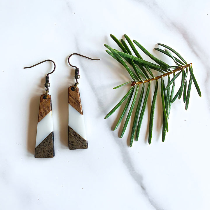 Geometric Wood + Resin Earrings | Sea Glass Colored | Long Tapered Dangle Earrings