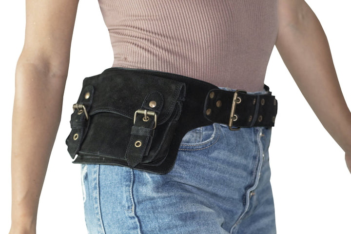 Leather Utility Belt | Black Suede Adjustable, 4 Pocket | Saddle | travel, cosplay, festival - Manifestie