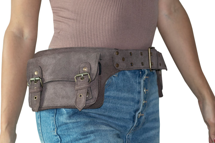 Leather Utility Pocket Belt | Suede Adjustable, 4 Pocket | Saddle | travel, cosplay, festival