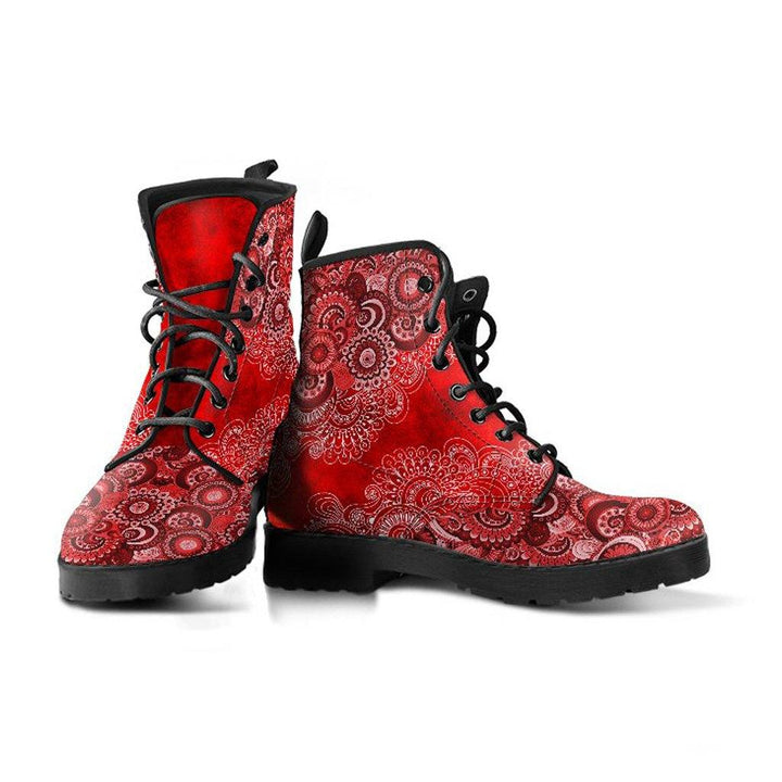 Red Paisley Mandala Vegan Leather Boots - Manifestie