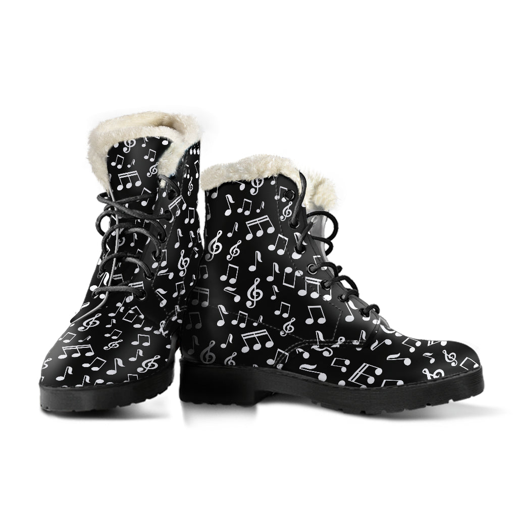 Black Music Notes Vegan Leather Boots with Faux Fur Lining