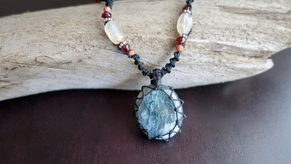 Moss Agate Macrame Necklace | Stone of Prosperity | Micro-Macrame | Unisex, Healing Crystal Jewelry