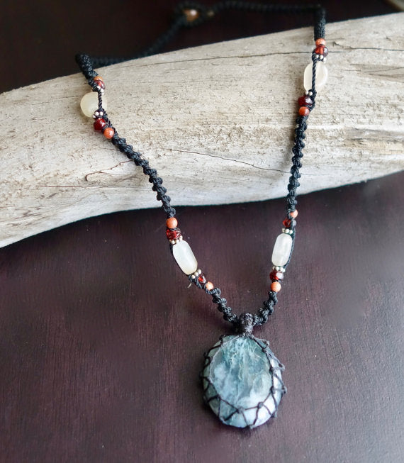 Moss Agate Macrame Necklace | Stone of Prosperity | Micro-Macrame | Unisex, Healing Crystal Jewelry