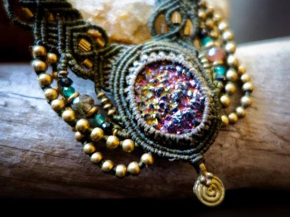 Rainbow Titanium Druzy Macrame Necklace | Ziba Design | Stone of Courage | Micro-Macrame | Unisex, Healing Crystal Jewelry