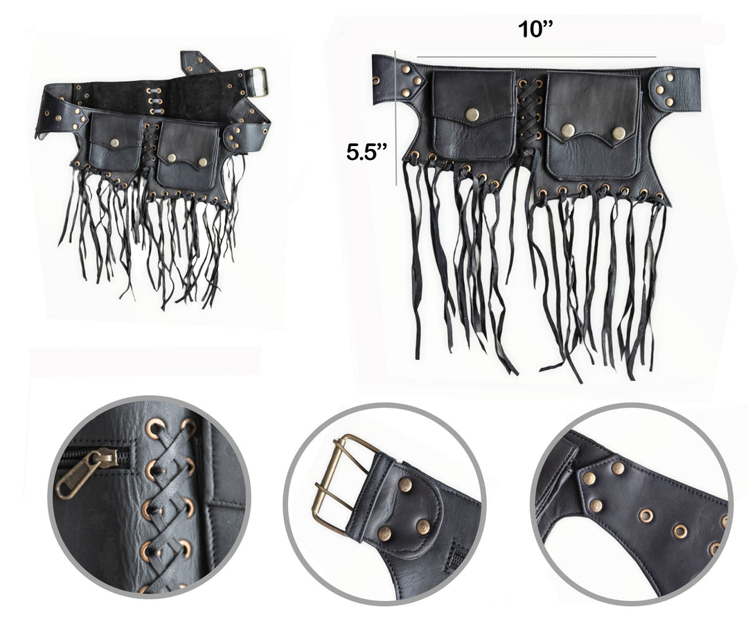 Genuine Leather Utility Belt | Black Tassels, 5 pockets | fanny pack travel belt, festival, party purse, vendor belt, money belt