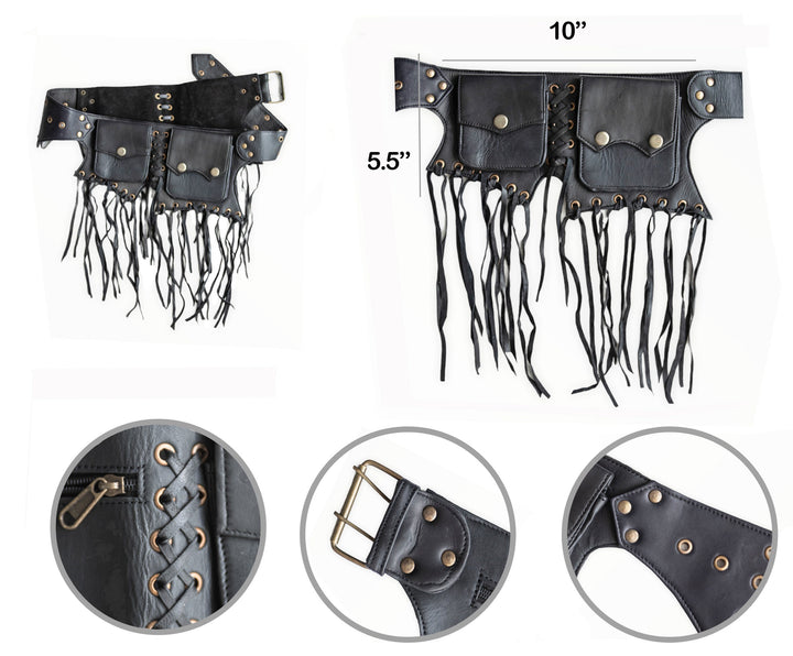 Genuine Leather Utility Belt | Black Tassels, 5 pockets | fanny pack travel belt, festival, party purse, vendor belt, money belt