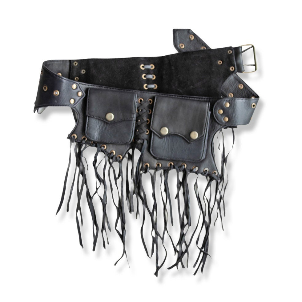 Genuine Leather Utility Belt | Black Tassels, 5 pockets  display picture 1