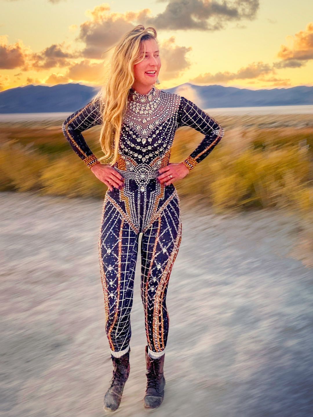 Pleiades Rhinestone Bodysuit | Gold & Silver Crystal Festival & Party Catsuit – Manifestie