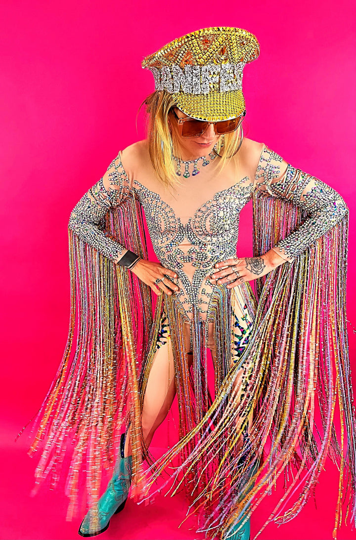 The Elton Rhinestone Bodysuit / Long Tassel Festival Outfit / Party Dress Crystal Catsuit Burning Man Dance Performer Costume Drag Fringe