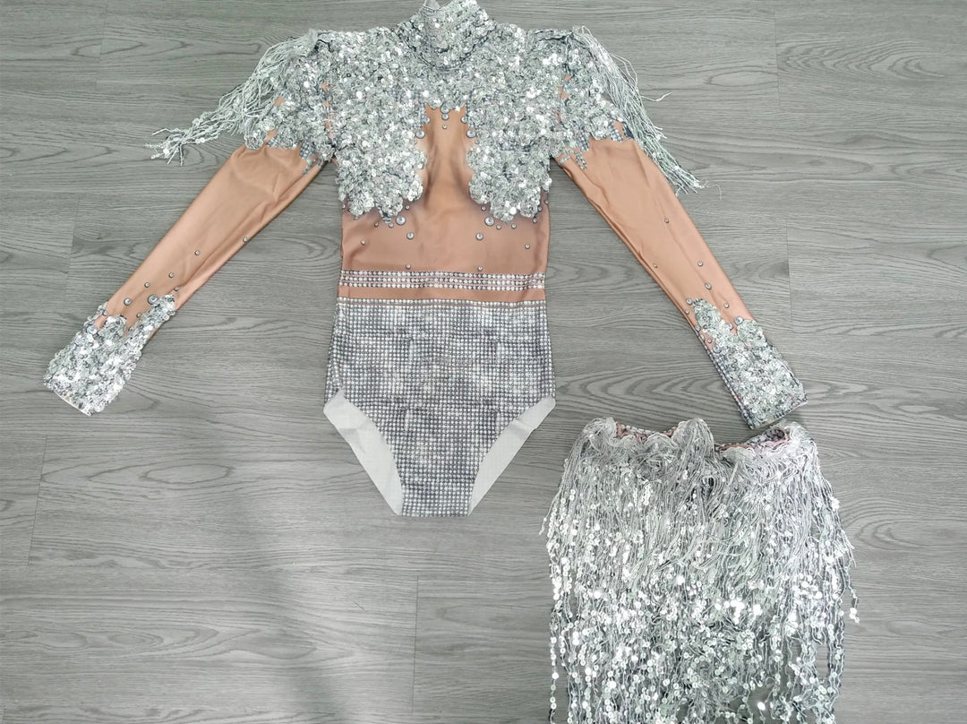 Athena Silver Sequin Leotard and Skirt / Festival Bodysuit / Halloween Party Tassel Catsuit Burning Man Disco Performer Stage Costume Fringe