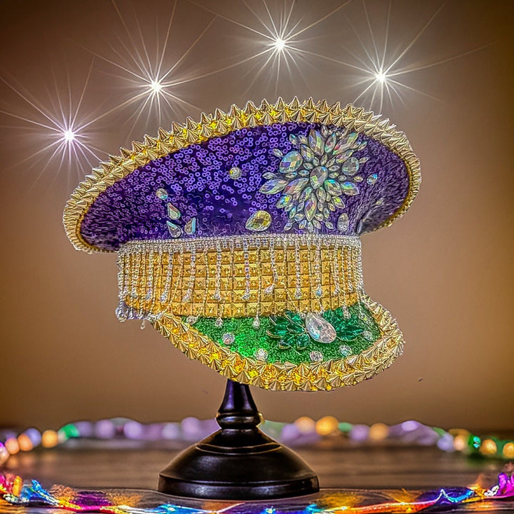 Purple and Gold Mardi Gras Rhinestone Hat / Jazz Fest Hat, Party Captain Hat, Sequin Festival Hat, Rave Hat, Birthday Hat, Custom Phrase Hat