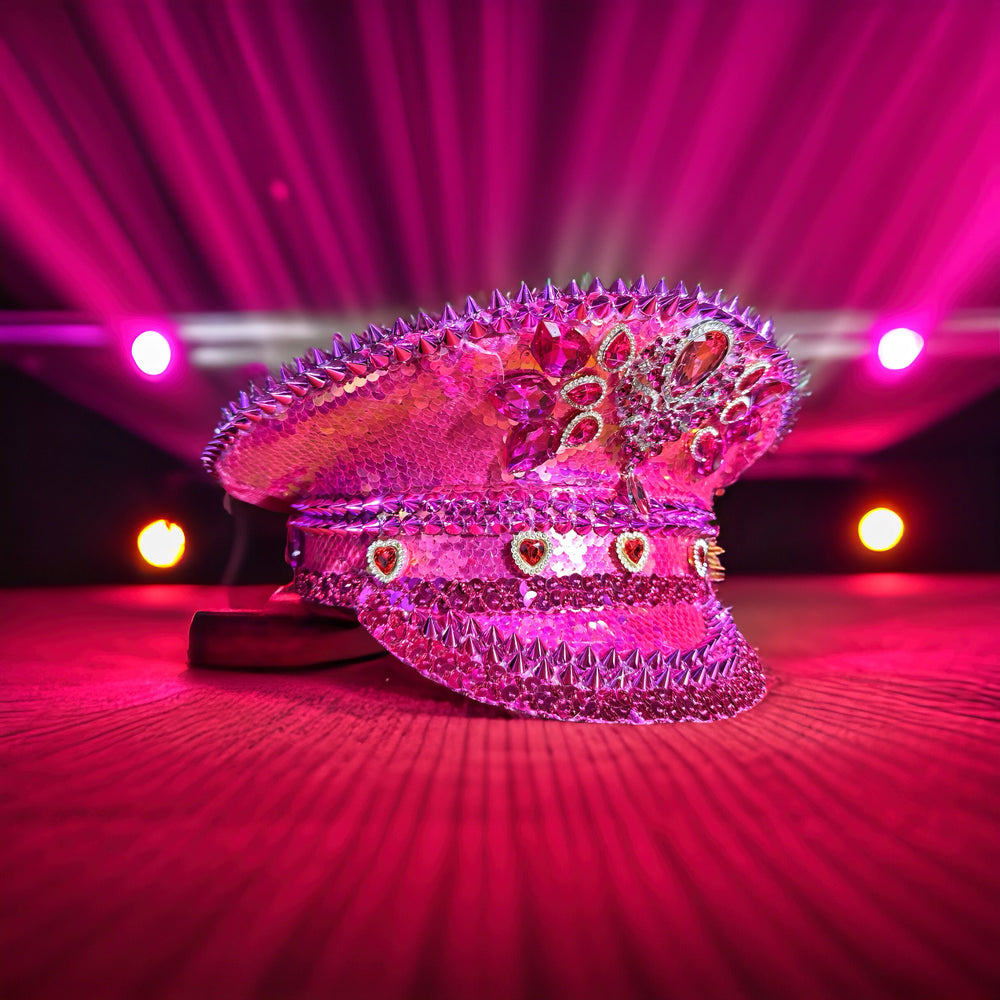 Pink Heart Rhinestone Hat / Valentines Day Jazz Fest Hat, Party Captain Hat, Sequin Festival Hat, Rave Hat, Birthday Hat, Custom Phrase Hat