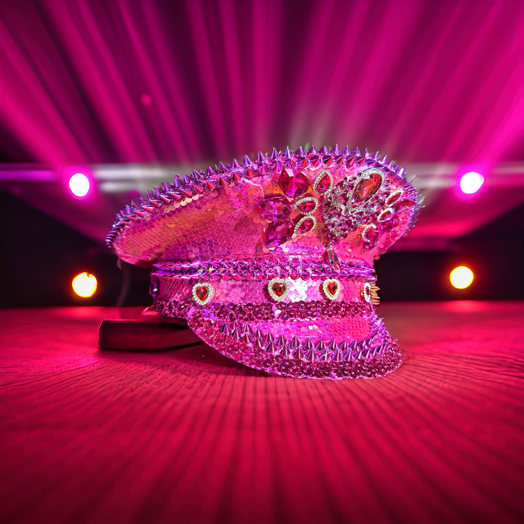 Pink Heart Rhinestone Hat / Valentines Day Jazz Fest Hat, Party Captain Hat, Sequin Festival Hat, Rave Hat, Birthday Hat, Custom Phrase Hat