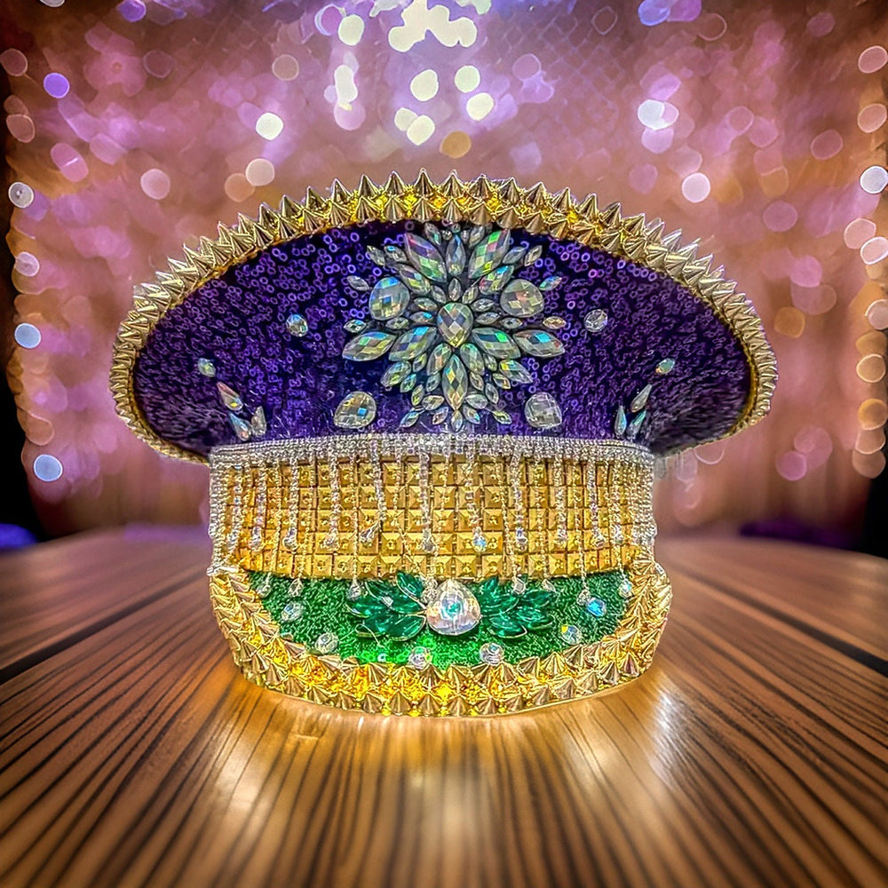 Purple and Gold Mardi Gras Rhinestone Hat / Jazz Fest Hat, Party Captain Hat, Sequin Festival Hat, Rave Hat, Birthday Hat, Custom Phrase Hat