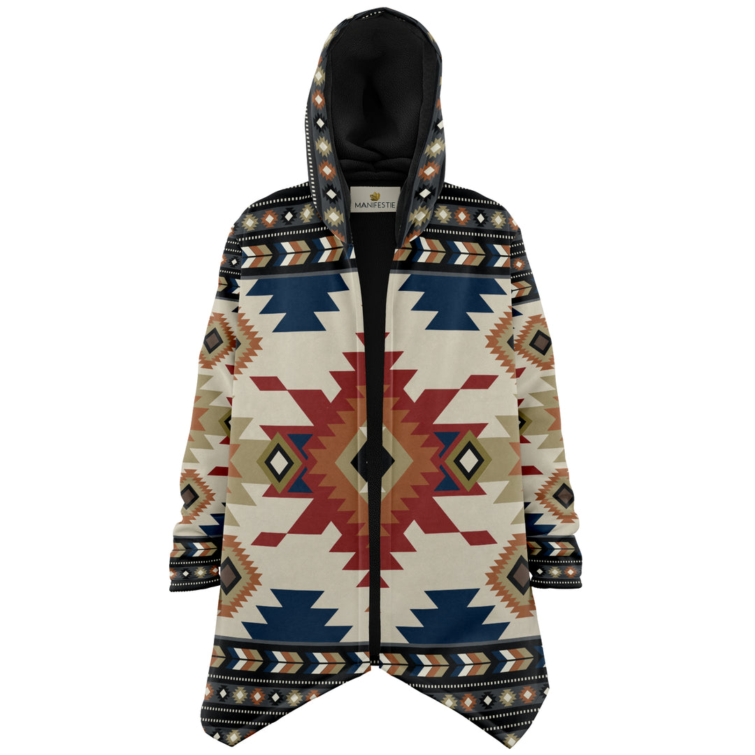 Izel Aztec Tribal Cloak | Unisex Minky Sherpa Lined Hooded Coat | Women and Mens Festival Coat | Mountain Fashion