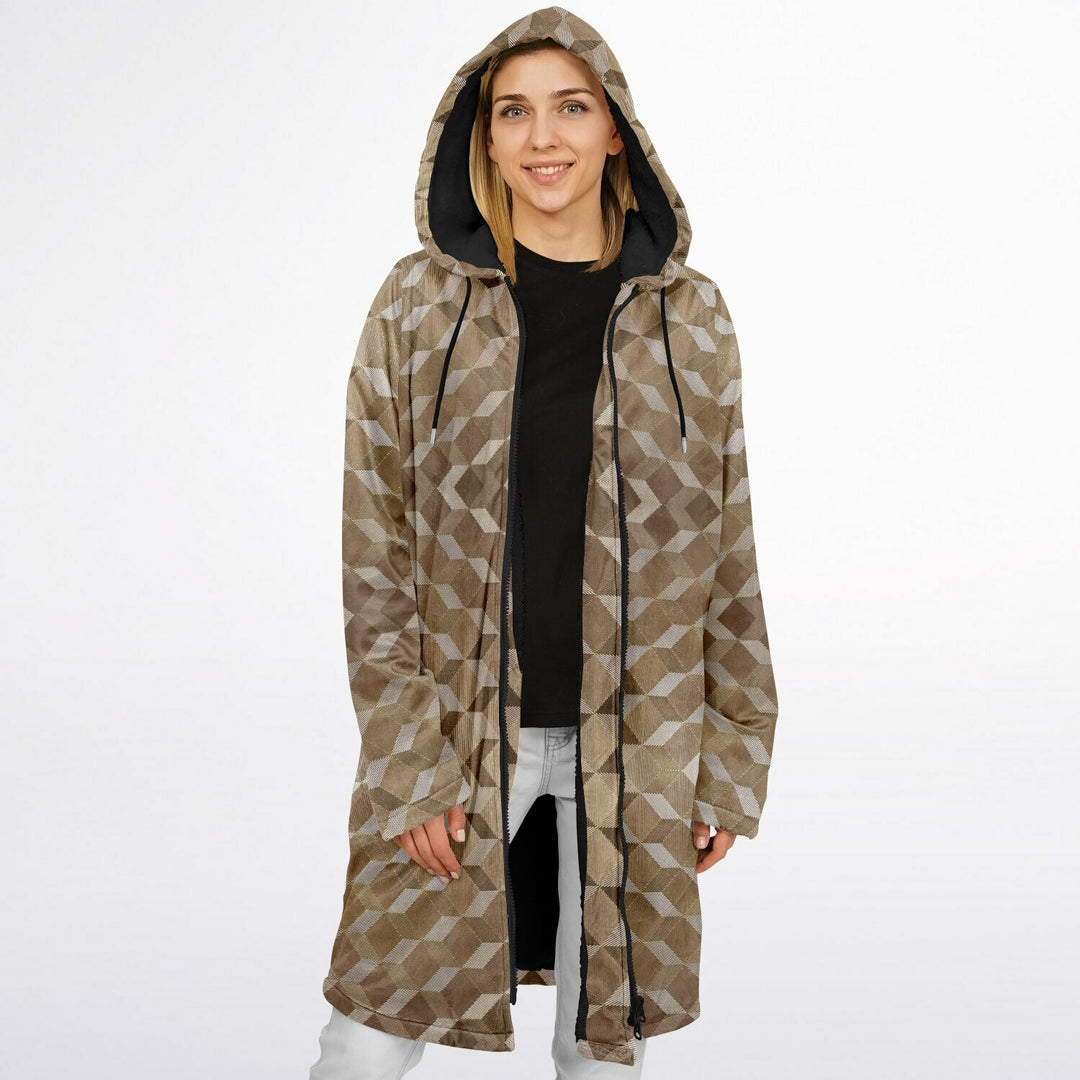 Gold Cube Cuddle Coat | Unisex Minky Sherpa Lined Coat with Hood, Zipper and Pockets | Women and Mens Festival Coat | Mountain Fashion