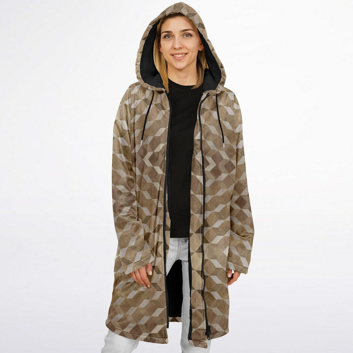 Gold Cube Cuddle Coat | Unisex Minky Sherpa Lined Coat with Hood, Zipper and Pockets | Women and Mens Festival Coat | Mountain Fashion