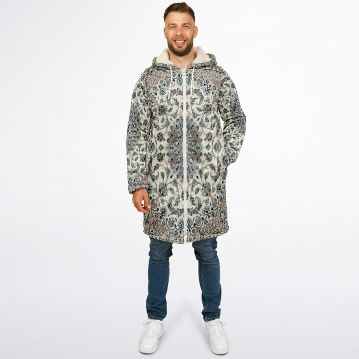 Classic Persian Carpet Cuddle Coat | Nain, Cream and Soft Blue | Unisex Minky Sherpa Lined Coat with Hood, Zipper and Pockets | Women and Mens Festival Coat | Mountain Fashion